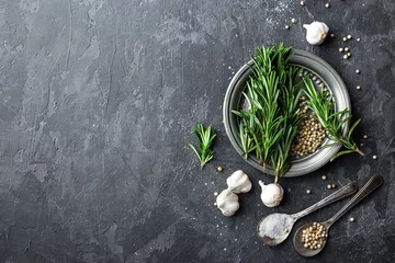 Keuken foto achterwand Kruiden Rosemary, garlic, salt and white pepper, culinary background with various spices, directly above, flat lay, copy space
