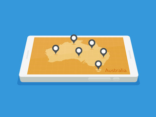 White smartphone with map of Australia and location markers vector illustration in flat style