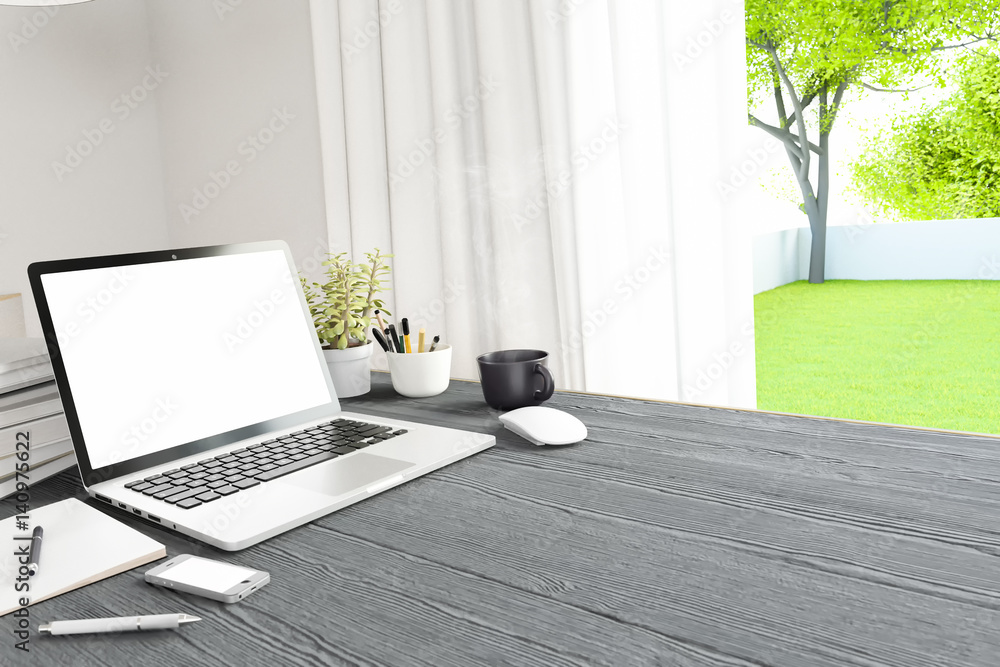 Poster Front view of workpark with blank white computer screen, coffee cup, and book in home work. Mock up , 3D render