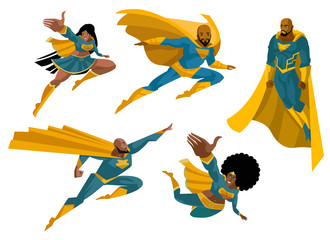 Obraz na płótnie Canvas african superhero floating flying pack men and women