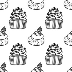 Black and white seamless pattern with cakes for coloring books.