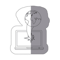 sticker monochrome silhouette broken front view tech laptop with earth world map icon vector illustration