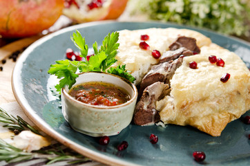 Pilaf in bread with lamb. Traditional Azerbaijani dish