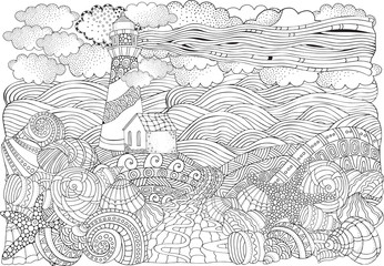 Lighthouse and shells, seascape.