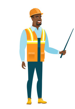 African-american builder holding pointer stick.