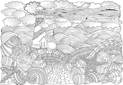 Lighthouse and shells, seascape.