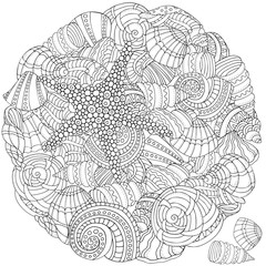 Coloring book page for adult. Sea shells collection