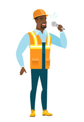 African-american builder singing to the microphone
