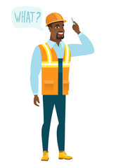 Builder with question what in speech bubble.