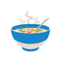 hot spicy soup with vegetable and prawn in chinese bowl and smoke effect on white background, vector illustration