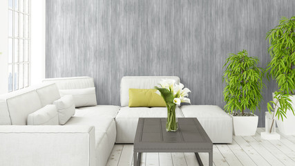 Modern bright interior with large window . 3D rendering
