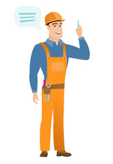 Young caucasian builder with speech bubble.