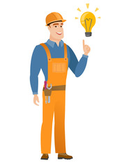 Builder pointing at bright idea light bulb.