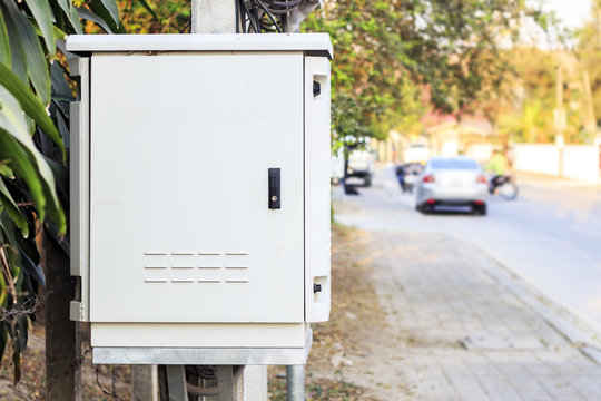 Control electric box with soft-focus in the background. film color tone and over light