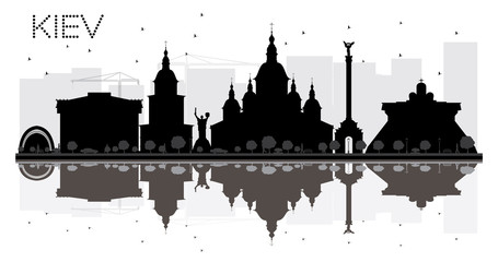 Kiev City skyline black and white silhouette with reflections.