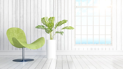 Modern bright interior with large window . 3D rendering