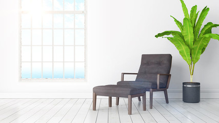 Modern bright interior with large window . 3D rendering