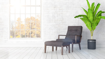 Modern bright interior with large window . 3D rendering