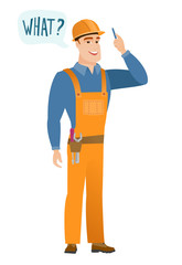 Builder with question what in speech bubble.
