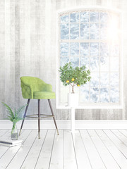 Modern bright interior with large window . 3D rendering