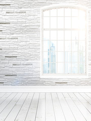 Modern bright interior with large window . 3D rendering