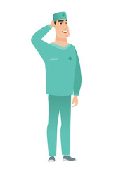 Young caucasian doctor scratching his head.