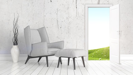 Modern bright interior with open door . 3D rendering