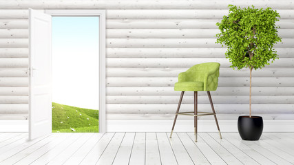 Modern bright interior with open door . 3D rendering