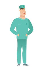 Young caucasian doctor in uniform laughing.