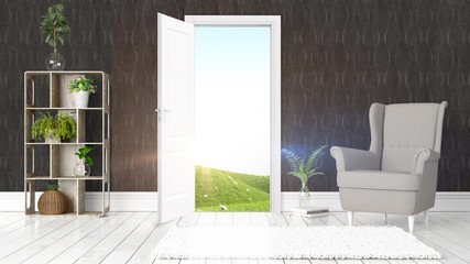 Modern bright interior with open door . 3D rendering
