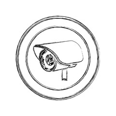 monochrome sketch of exterior video security camera in circular frame vector illustration