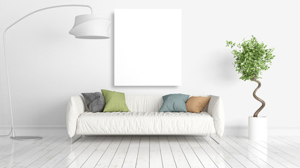 Modern bright interior with empty frame . 3D rendering