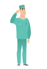 Doctor gesturing with his finger against temple.