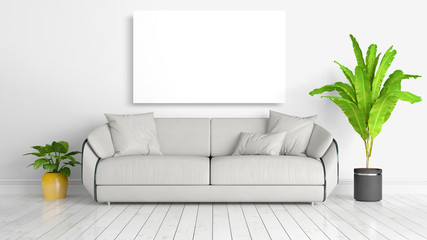 Modern bright interior with empty frame . 3D rendering