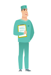 Surgeon holding clipboard with papers.