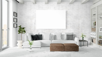 Modern bright interior with empty frame . 3D rendering