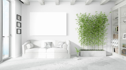 Modern bright interior with empty frame . 3D rendering