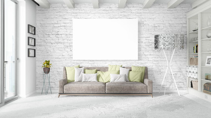 Modern bright interior with empty frame . 3D rendering