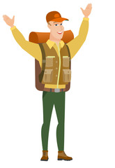 Tourist standing with raised arms up.