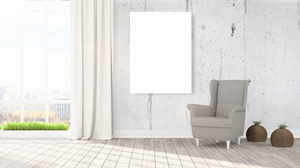 Modern bright interior with empty frame . 3D rendering
