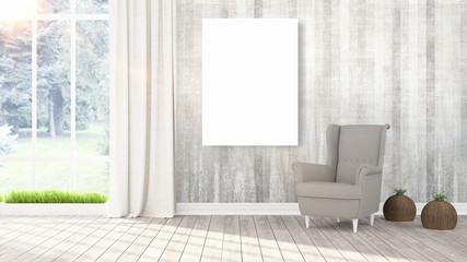 Modern bright interior with empty frame . 3D rendering