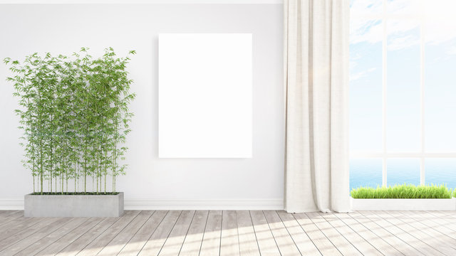 Modern bright interior with empty frame . 3D rendering