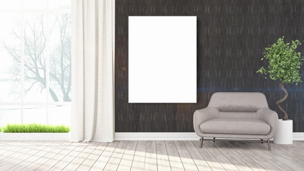 Modern bright interior with empty frame . 3D rendering