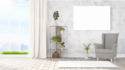 Modern bright interior with empty frame . 3D rendering