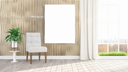 Modern bright interior with empty frame . 3D rendering
