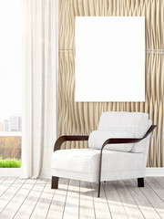 Modern interior with empty frame . 3D rendering