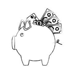 monochrome sketch of piggy bank with credit card and bills and coins vector illustration