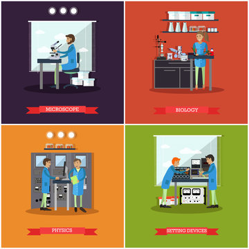 Vector set of research laboratories posters, banners in flat style