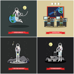 Obraz premium Vector set of space exploration posters, banners in flat style.