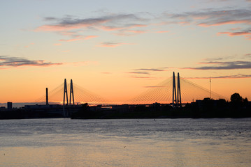 Cable stayed bridge and Neva river.